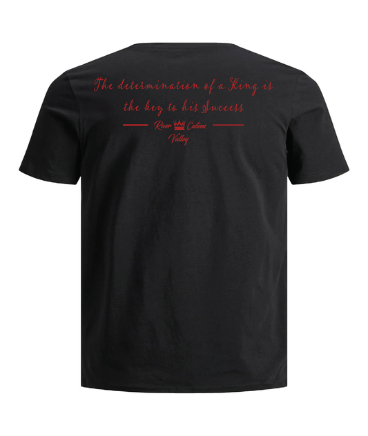 Black t-shirt with red text on the back on a white background