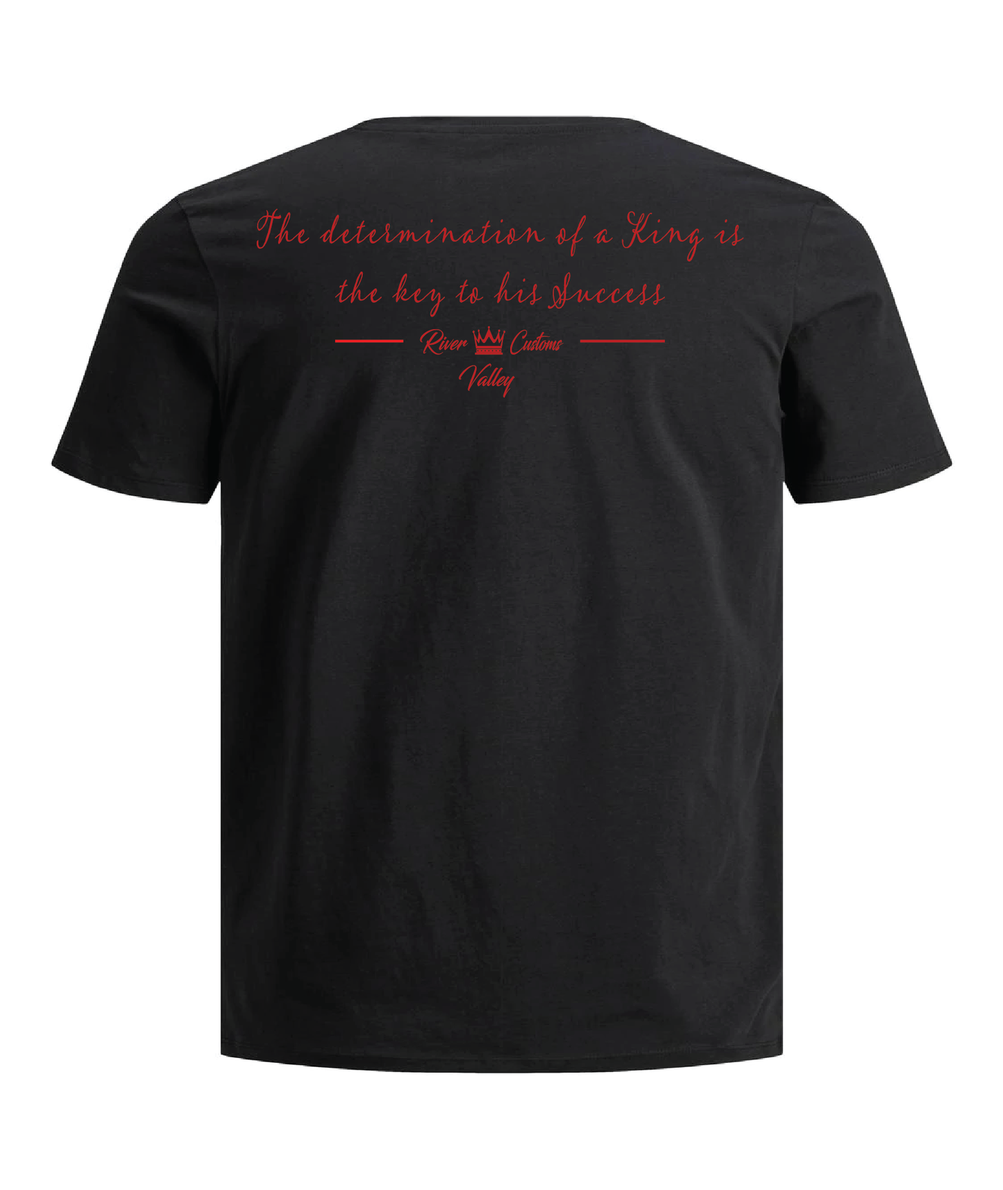 Black t-shirt with red text on the back on a white background