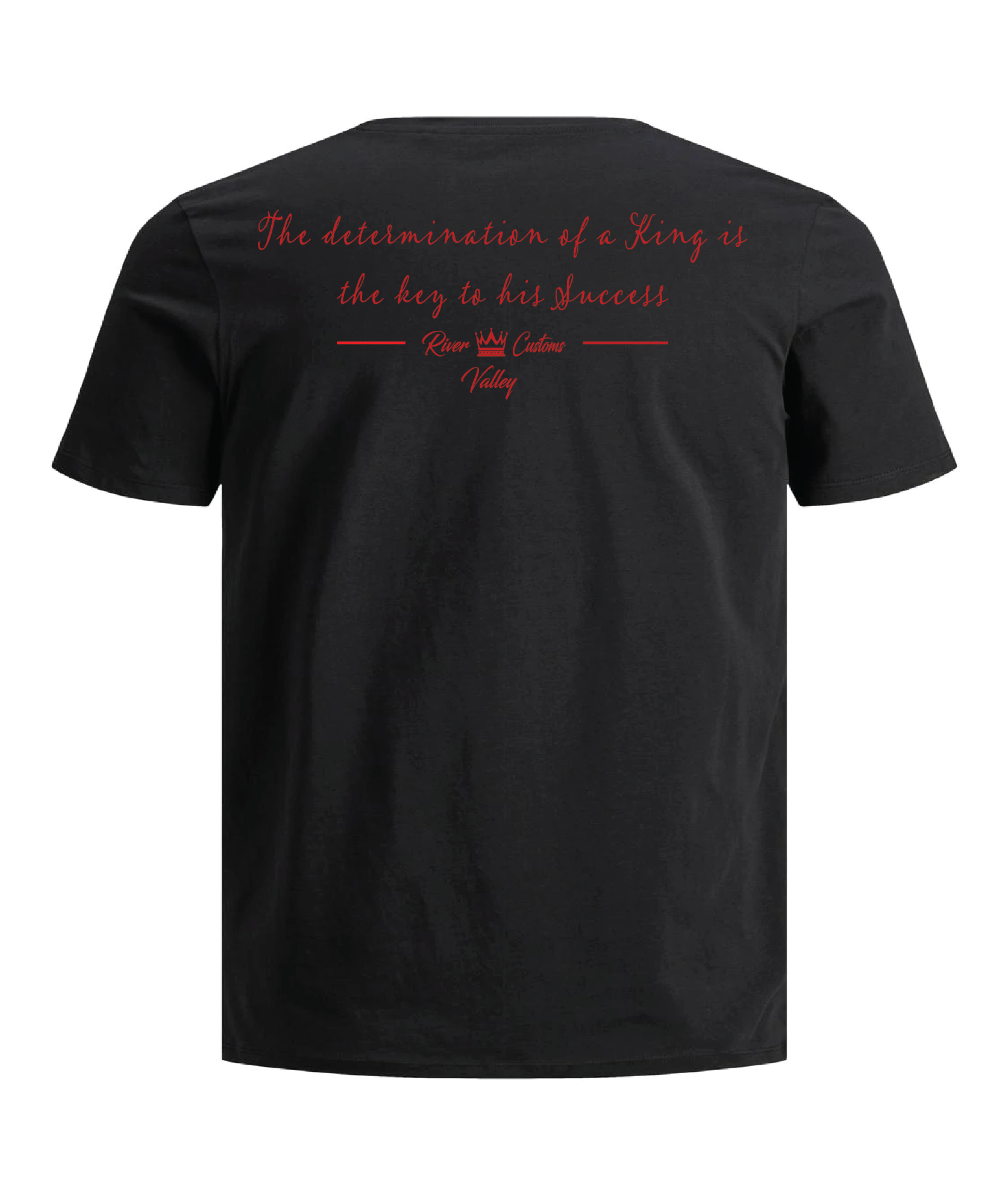 Black t-shirt with red text on the back on a white background