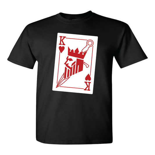 Black t-shirt with a red and white card design featuring a king on a white background